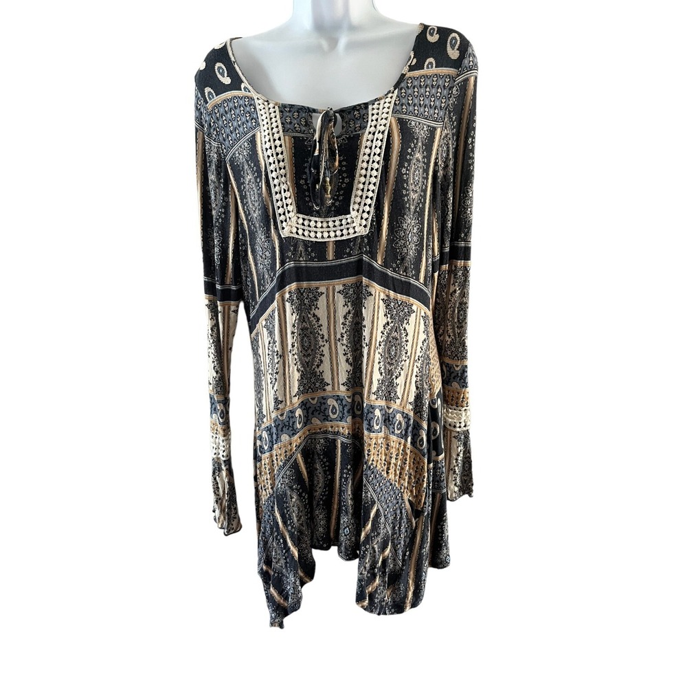One World Women's Paisley Crochet Long Bell Sleeves‎ Tunic Top Shirt  Size L
